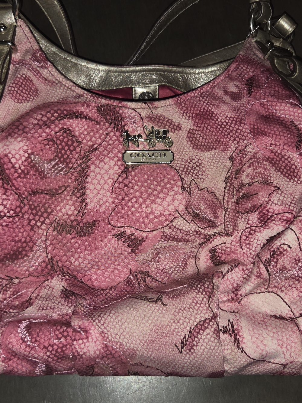 Rare 2012 Coach Madison Maggie Pink Floral Snake Embossed Hobo Bag 19642